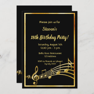 Invitation 18e anniversaire fête musique noir et or notes