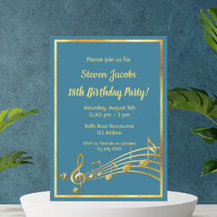 Invitation 18e anniversaire fête or notes musique turquoise b