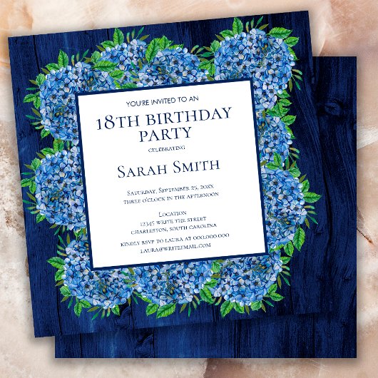 Invitation 18e Anniversaire Fête Rustique Bois Hydrangeas Ble