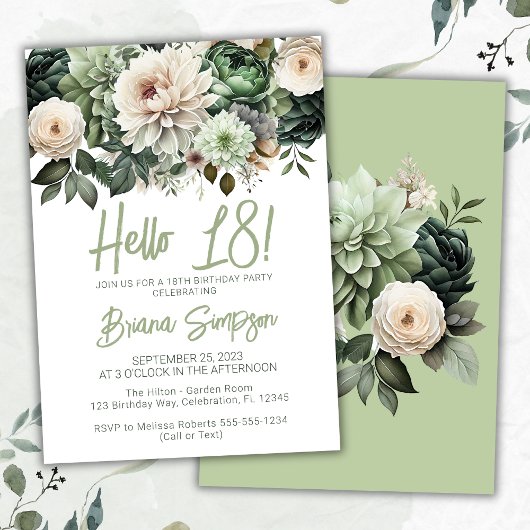 Invitation 18e anniversaire fête Sage vert Floral