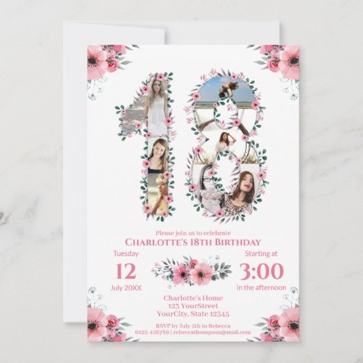 Invitation 18e anniversaire fille photo Collage rose Fleur bl (Devant)