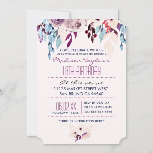 Invitation 18e anniversaire Fleur d'aquarelle violette et tur (Devant)