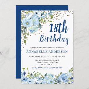 Invitation 18e anniversaire Floral Navy Blue Gold Parties sci