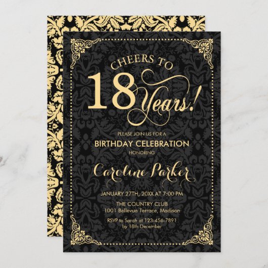 Invitation 18e anniversaire - Gold Black Damask (Devant / Derrière)