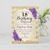 Invitation 18e anniversaire - Gold Stripes Roses violets (Debout devant)