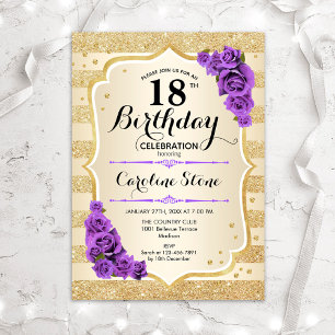 Invitation 18e anniversaire - Gold Stripes Roses violets