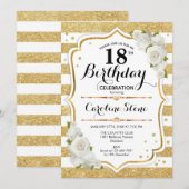 Invitation 18e anniversaire - Gold White Stripes Rose (Devant / Derrière)