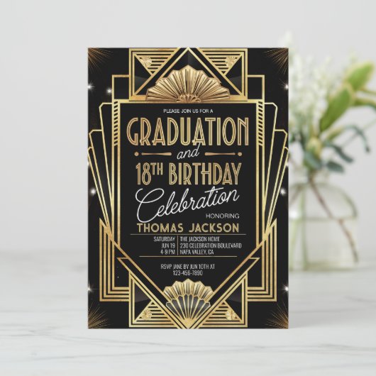Invitation 18e anniversaire Graduation 1920s Black Gold Schem (Debout devant)