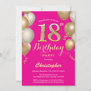 Invitation 18e anniversaire Hot Pink et Gold Balloons Confett