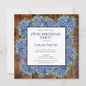 Invitation 18e Anniversaire Hydrangeas Bleu Bois Fête Rustiqu (Devant)