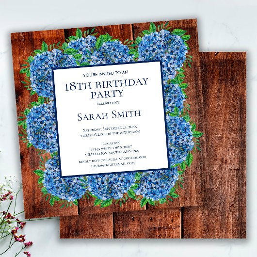 Invitation 18e Anniversaire Hydrangeas Bleu Bois Fête Rustiqu