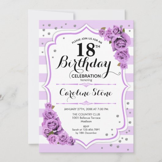 Invitation 18e anniversaire - Lavande Blanc Fleurs pourpres (Devant)