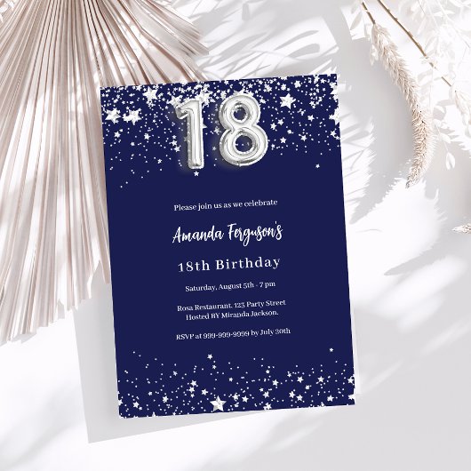 Invitation 18e anniversaire marine bleu argent étoiles luxe