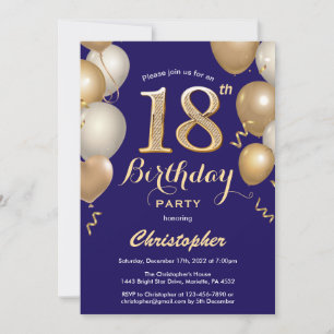 Invitation 18e anniversaire Marine Bleu et Ballons d'or Confe