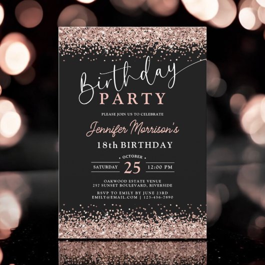 Invitation 18e anniversaire noir et rose gold pail