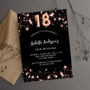 Invitation 18e anniversaire noir rose or étoiles luxe