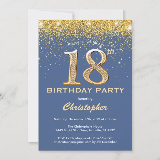 Invitation 18e anniversaire Parties scintillant bleue et or C (Devant)