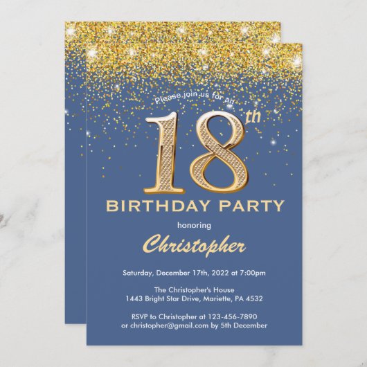 Invitation 18e anniversaire Parties scintillant bleue et or C (Devant / Derrière)