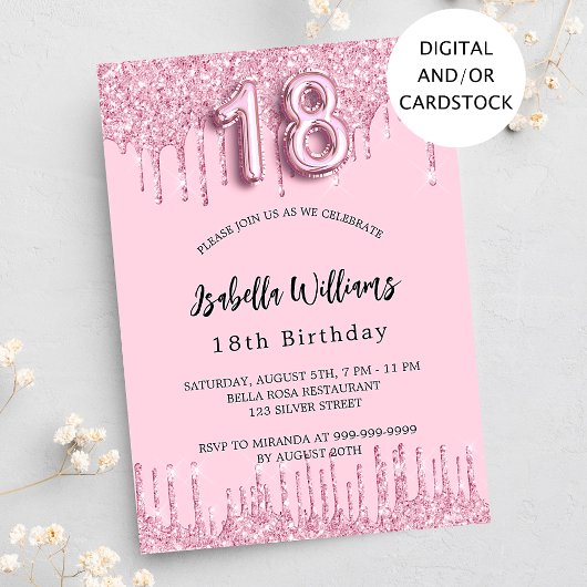 Invitation 18e anniversaire parties scintillant rose gouttes