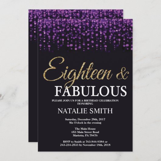 Invitation 18e anniversaire Parties scintillant violet et or (Devant / Derrière)