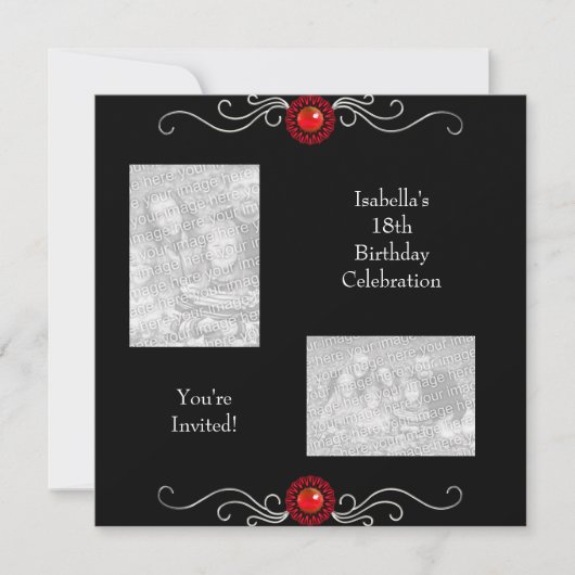 Invitation 18e anniversaire Photos Black Argent Red Jewel Tri (Devant)