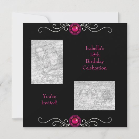 Invitation 18e anniversaire Photos Black Argent rose bijou Tr (Devant)