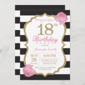 Invitation 18e anniversaire Pink Black Gold Floral (Devant / Derrière)