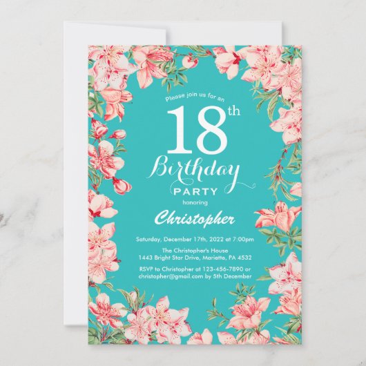 Invitation 18e anniversaire Pink Floral Flowers Turquoise Arr (Devant)