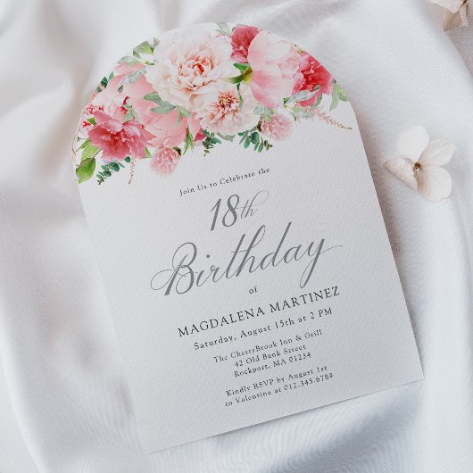 Invitation 18e anniversaire Pony rose Arc floral