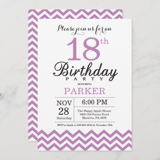 Invitation 18e anniversaire Purple Chevron (Devant / Derrière)