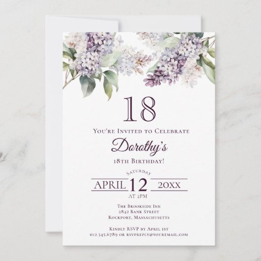 Invitation 18e anniversaire Purple Spring Fleur Lilac (Devant)