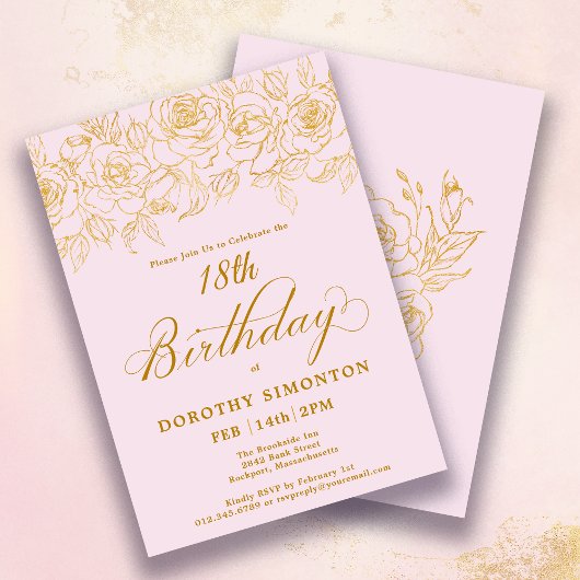 Invitation 18e anniversaire Rose d'or Floral Blush rose