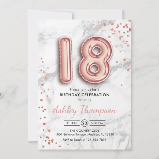 Invitation 18e anniversaire - Rose Gold Balloons effet marbre (Devant)