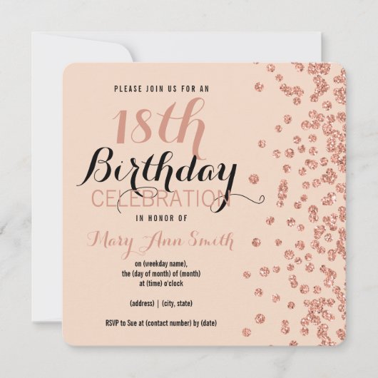 Invitation 18e anniversaire Rose Gold Faux Parties scintillan (Devant)