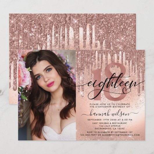 Invitation 18e anniversaire Rose Gold Foil & Parties scintill (Devant / Derrière)