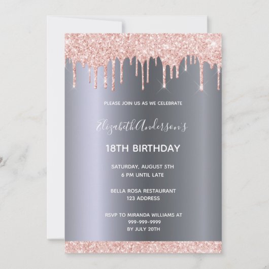 Invitation 18e anniversaire rose or parties scintillant goutt (Devant)