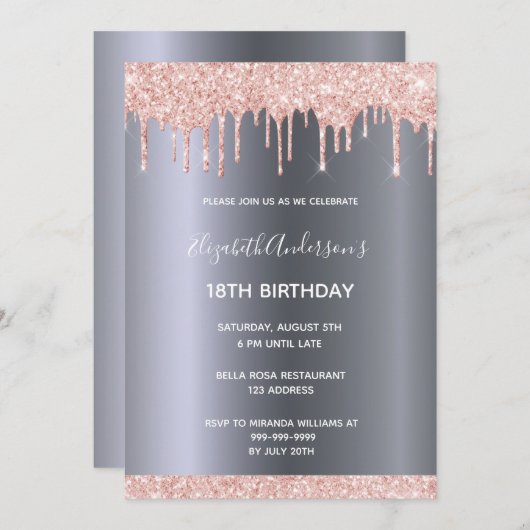 Invitation 18e anniversaire rose or parties scintillant goutt (Devant / Derrière)