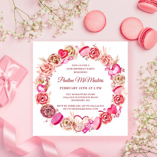 Invitation 18e anniversaire Rose rose Coeur Tourbillonnant Va