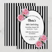 Invitation 18e anniversaire rose roses noir blanc rayures (Devant / Derrière)
