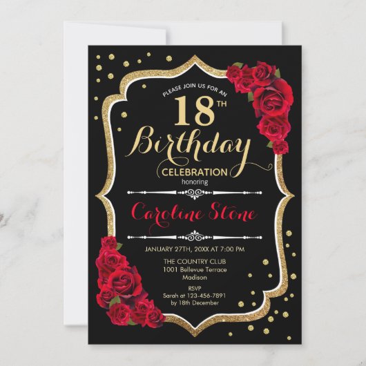 Invitation 18e anniversaire - Roses rouges noires d'or (Devant)