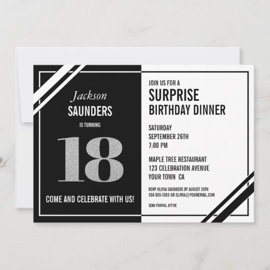 Invitation 18e anniversaire surpris Dîner noir blanc moderne (Devant)