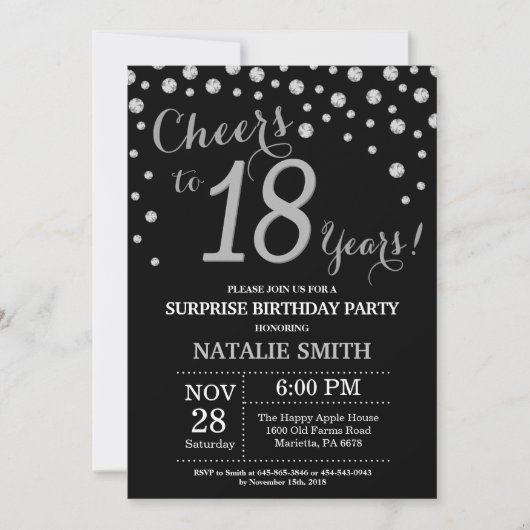 Invitation 18e anniversaire surprise Diamant noir et argent (Devant)