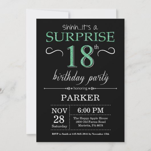 Invitation 18e anniversaire surprise Parties scintillant noir (Devant)
