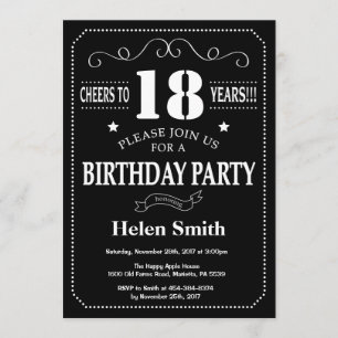 Invitation 18e anniversaire Tableau noir et blanc