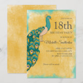 Invitation 18e anniversaire Turquoise Aquarelle jaune Peacock (Devant / Derrière)