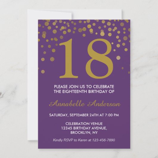 Invitation 18e anniversaire violet or Confetti Dot moderne ch (Devant)