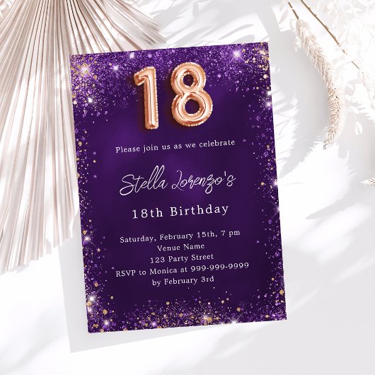 Invitation 18e anniversaire violet rose éclat or