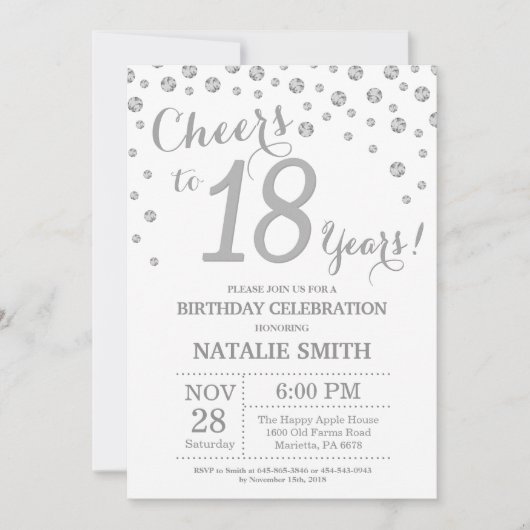 Invitation 18e Birthday Silver Glitter Diamond Invite (Devant)
