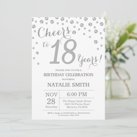 Invitation 18e Birthday Silver Glitter Diamond Invite (Debout devant)