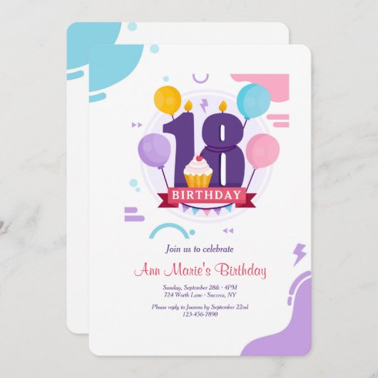 Invitation 18e fête d'anniversaire (Devant / Derrière)
